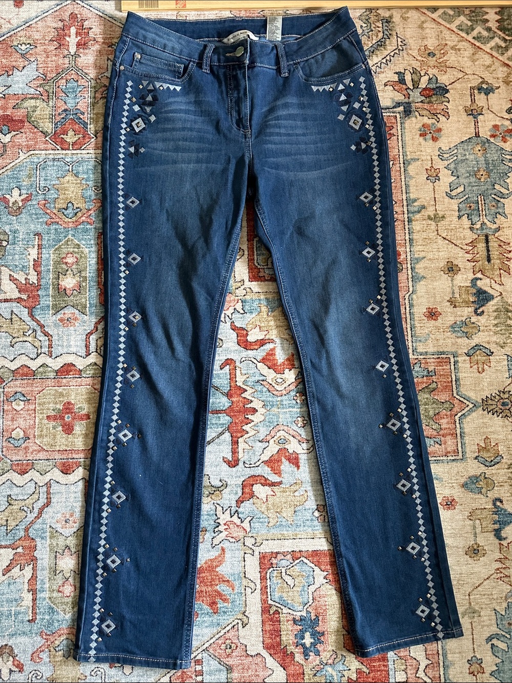 Embroidered Straight-Leg Jeans in Dark Blue